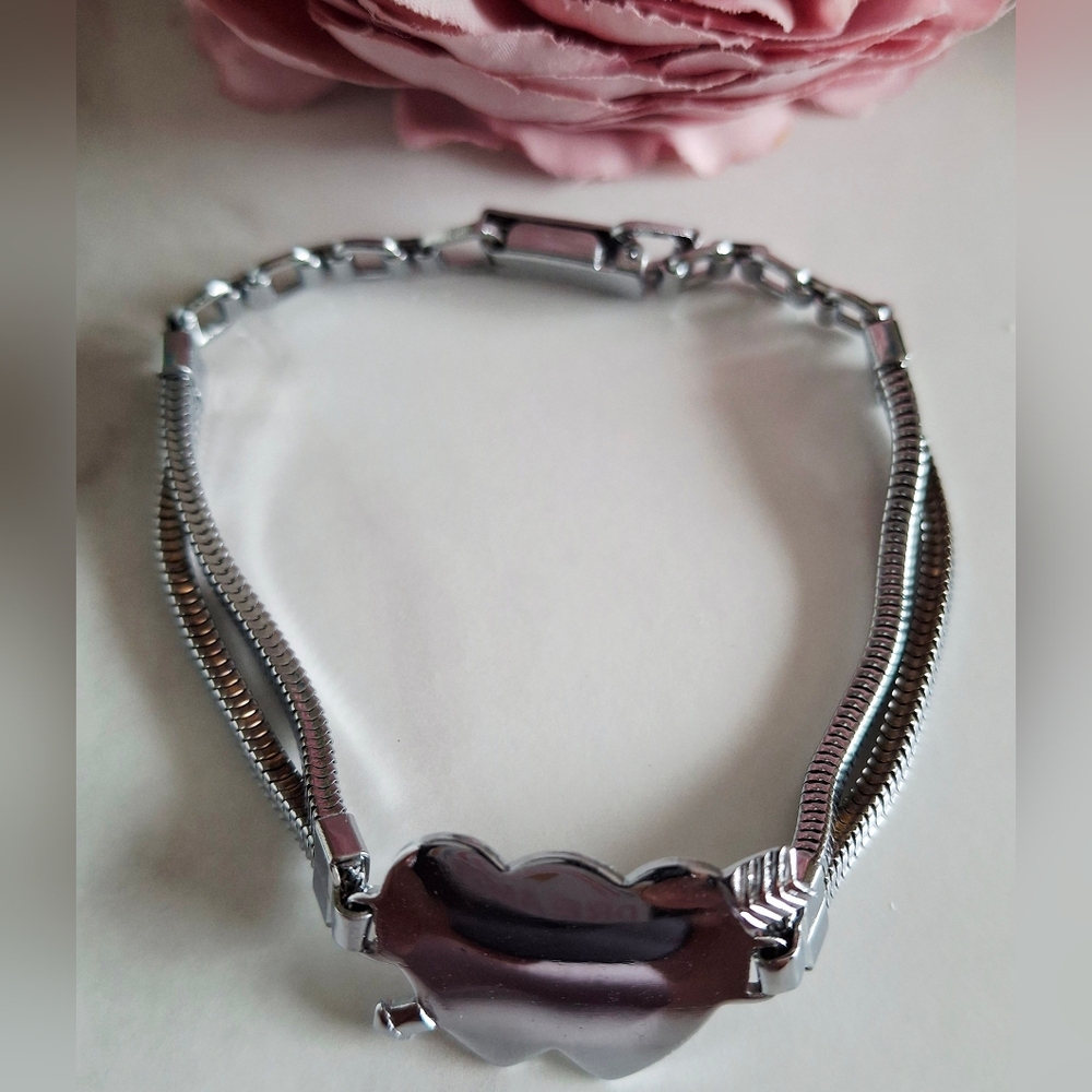 Vintage 80s Double Heart Silver Bracelet